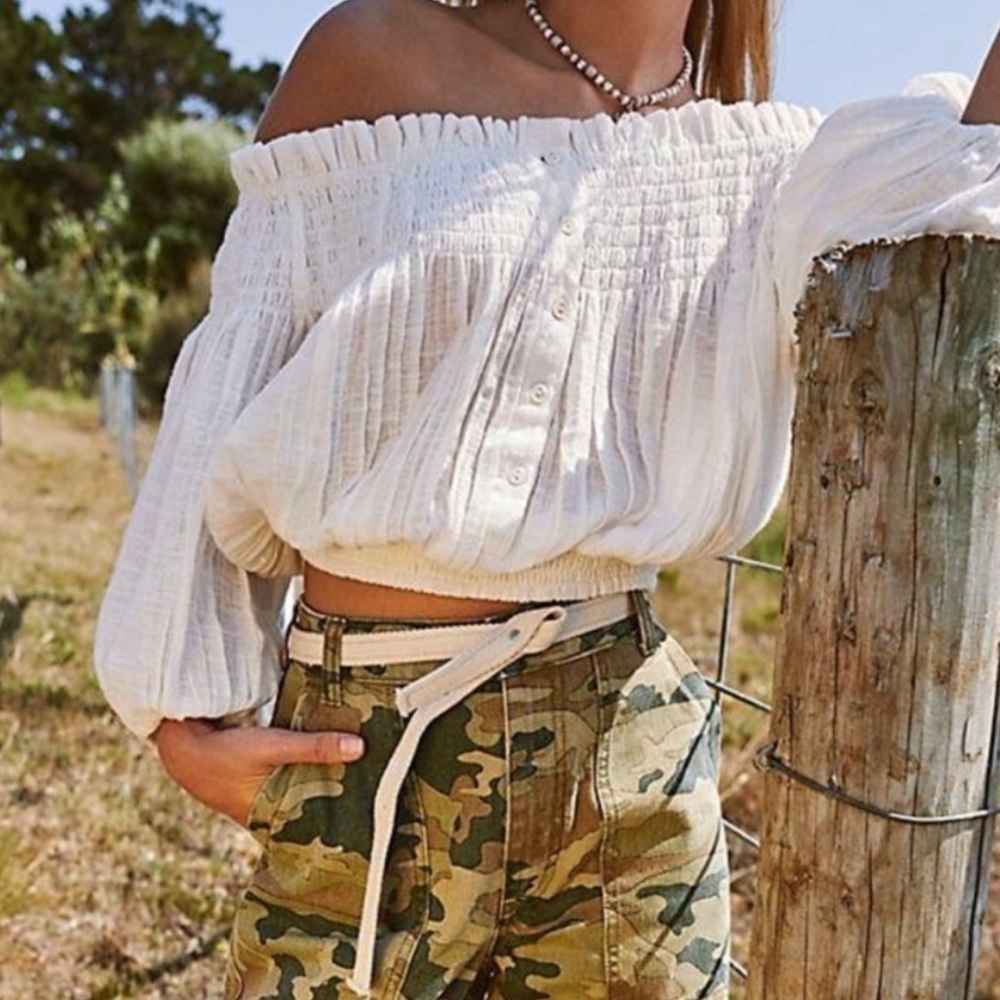 Free People White Off-Shoulder Smocked Crop Top